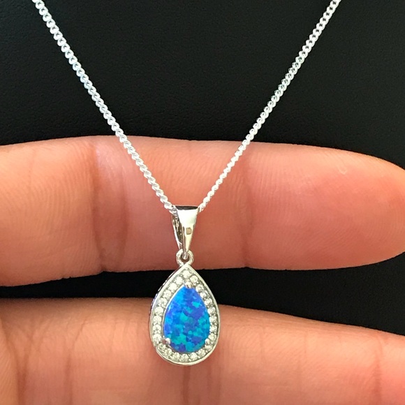 Blue Opal and CZ Sterling Silver Necklace - Picture 3 of 8